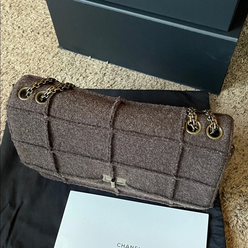 Chanel Chocolate Bar Mademoiselle Brown Flap Bag Quilted Wool Jumbo - Picture 8 of 13